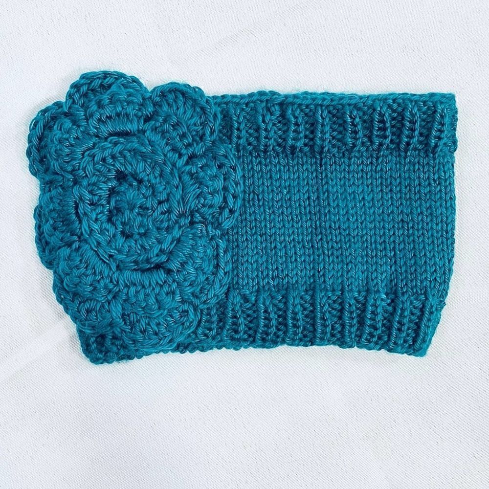 Winter Knit Headband Teal Camellia Flower